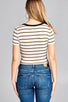 Ladies fashion short sleeve round contrast neck with knotted front crop multi stripe rayon spandex top