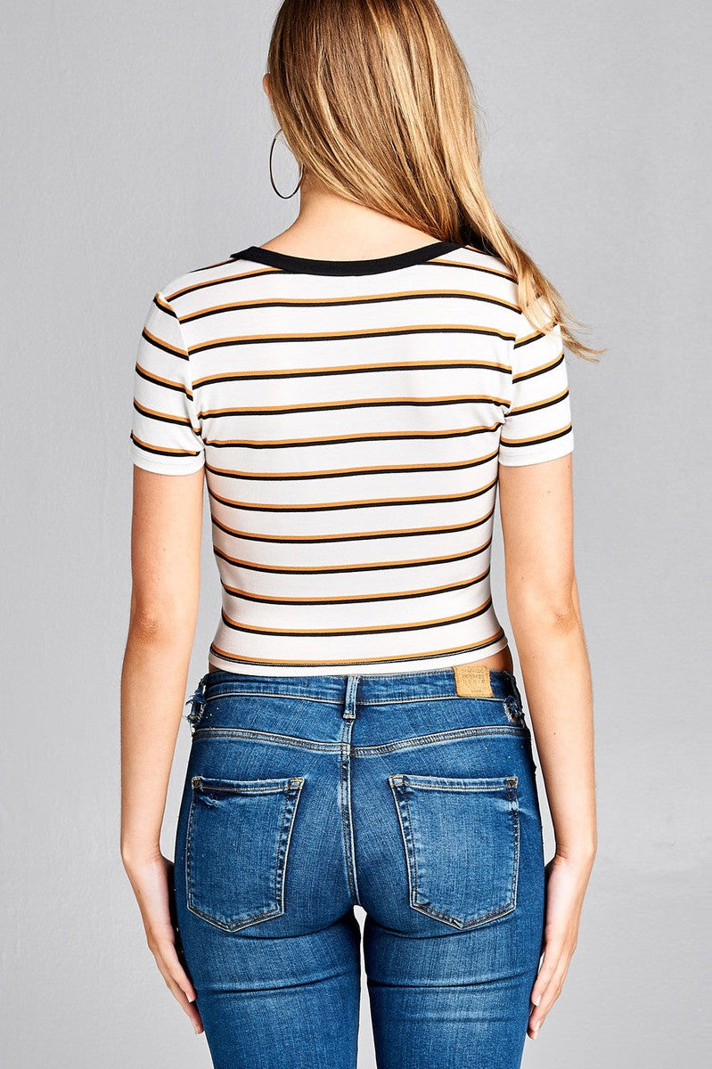 Ladies fashion short sleeve round contrast neck with knotted front crop multi stripe rayon spandex top