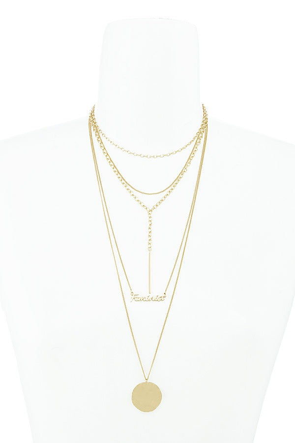 Feminist lettered multi layer geometric necklace