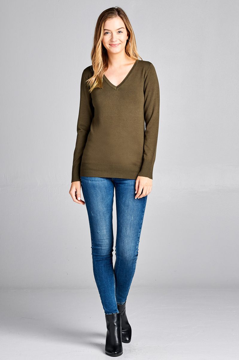 Ladies fashion long sleeve vneck classic sweater