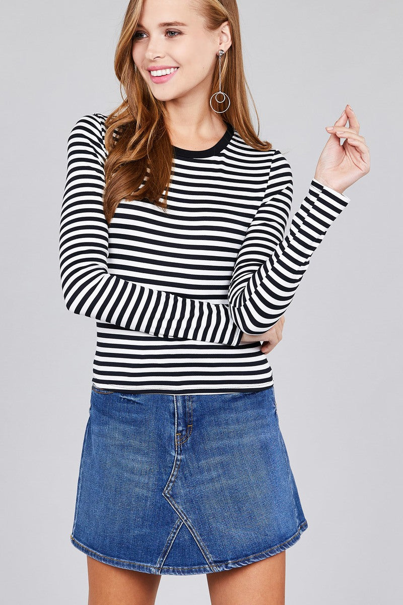 Ladies fashion long sleeve crew neck striped dty brushed top