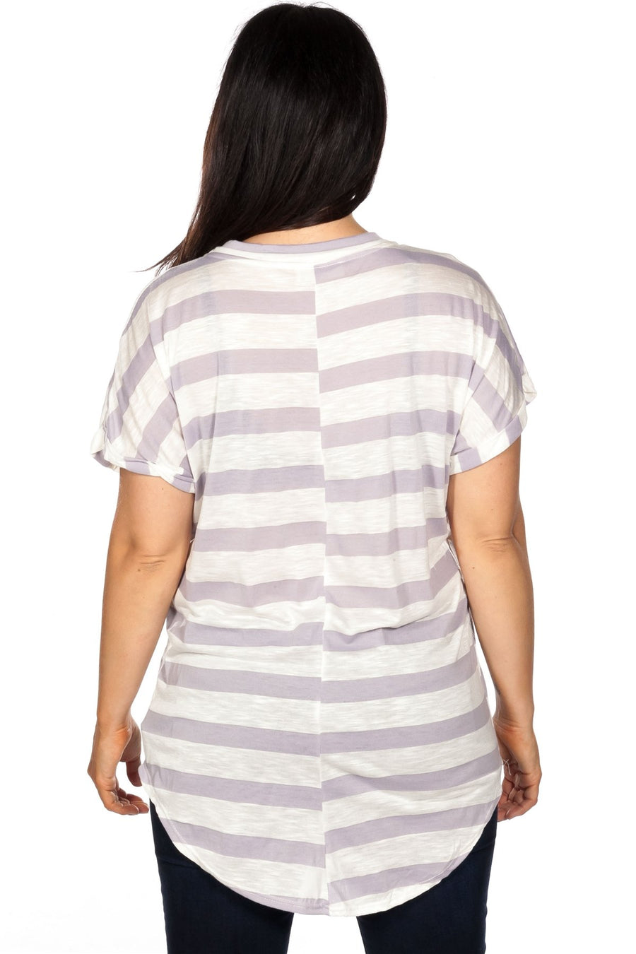 Ladies fashion plus size round neckline striped and destroyed cutout tee