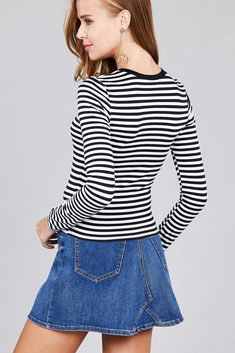 Ladies fashion plus sizelong sleeve crew neck striped dty brushed top