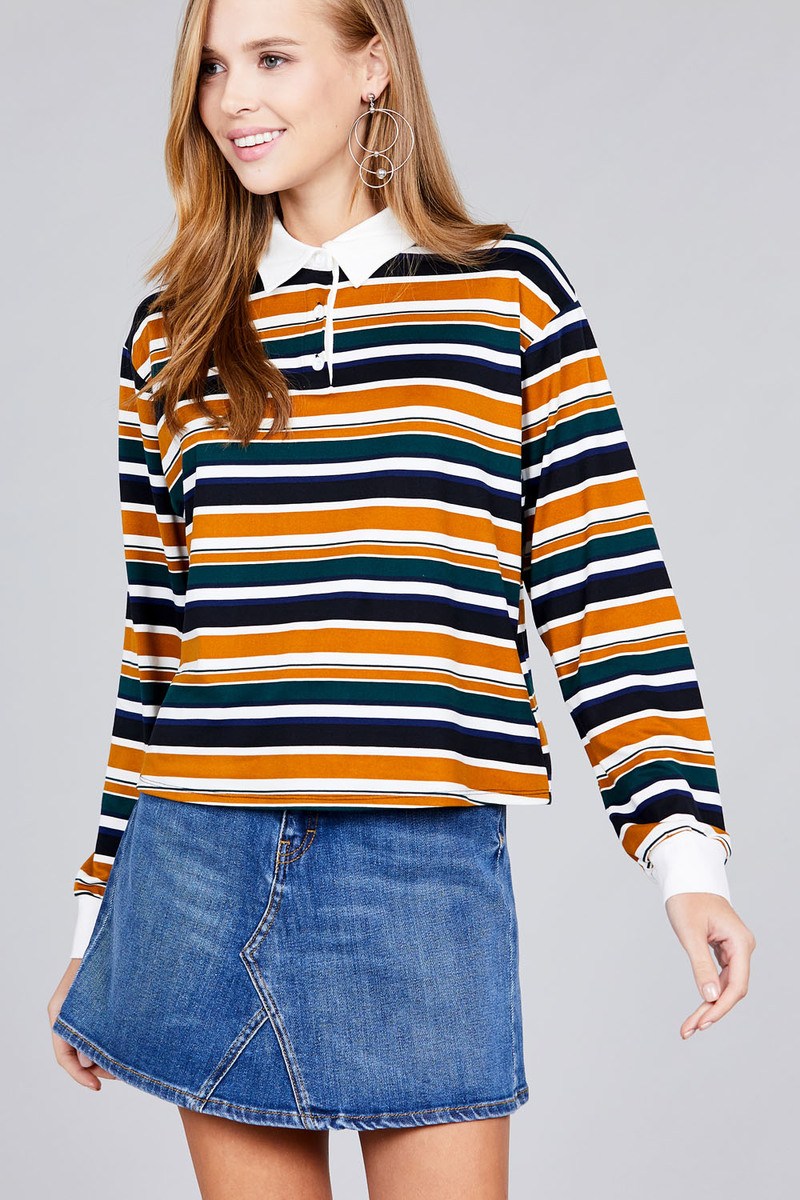 Ladies fashion long sleeve multi striped dty brushed shirts