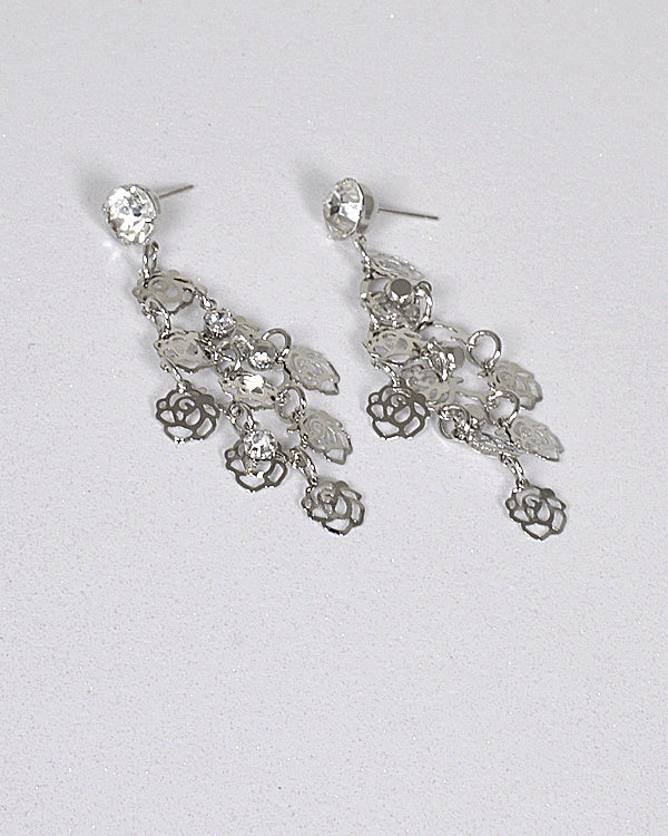 Floral Pattern Stone Studded Metallic Drop Earrings