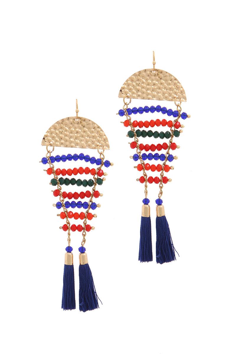 Hammered half circle beaded tassel drop earring