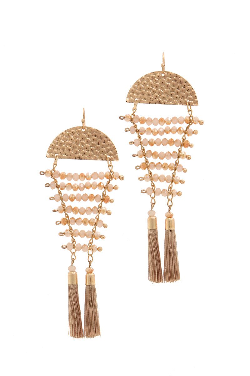 Hammered half circle beaded tassel drop earring