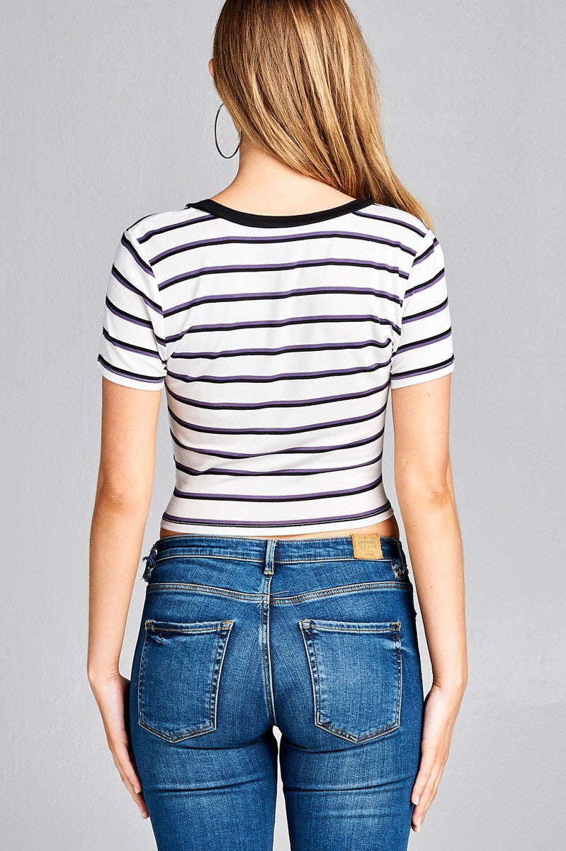 Ladies fashion short sleeve round contrast neck with knotted front crop multi stripe rayon spandex top