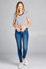 Ladies fashion short sleeve round contrast neck with knotted front crop multi stripe rayon spandex top