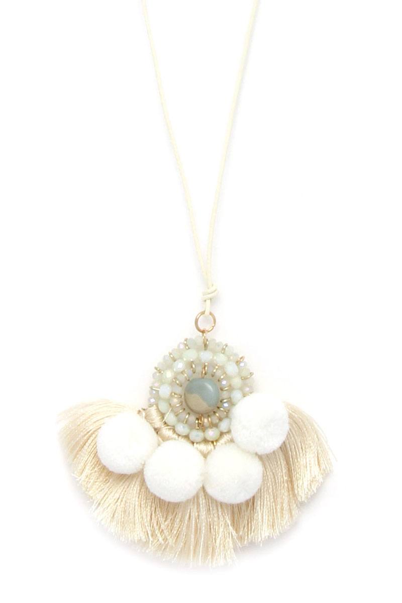 Beaded pom pom tassel pendant necklace