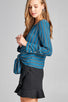 Ladies fashion long sleeve round neck front self tie multi stripe print woven top