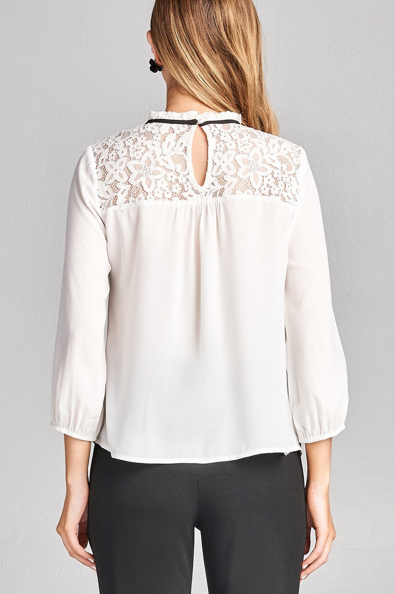 Ladies fashion plus size 3/4 sleeve lace yoke detail w/contrast tie woven top