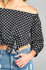 Ladies fashion off the shoulder w/knot front dot print cotton spandex top