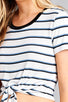 Ladies fashion short sleeve round contrast neck with knotted front crop multi stripe rayon spandex top