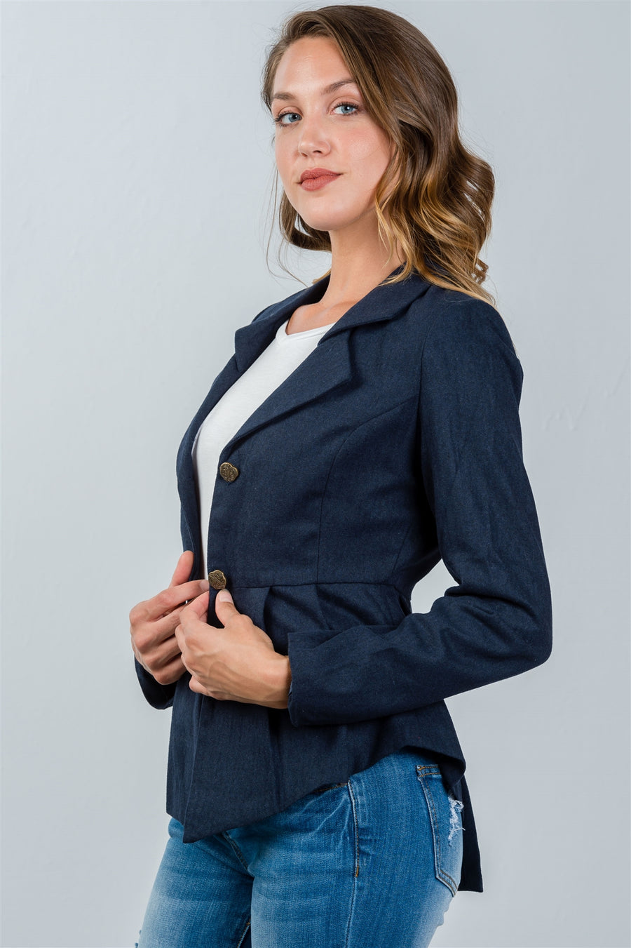 Ladies fashion navy pleated peplum hem jacket