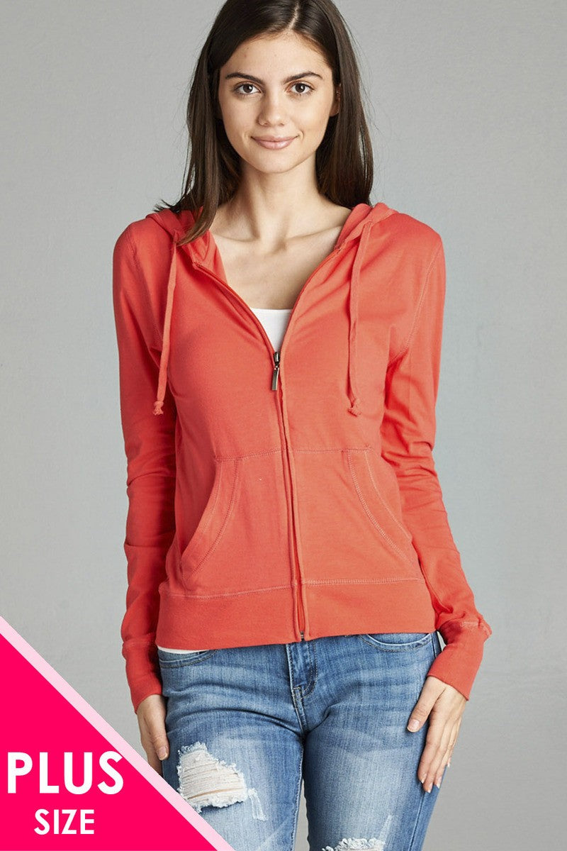 Ladies fashion plus size full zip-up closure hoodie w/long sleeves and lined drawstring hood