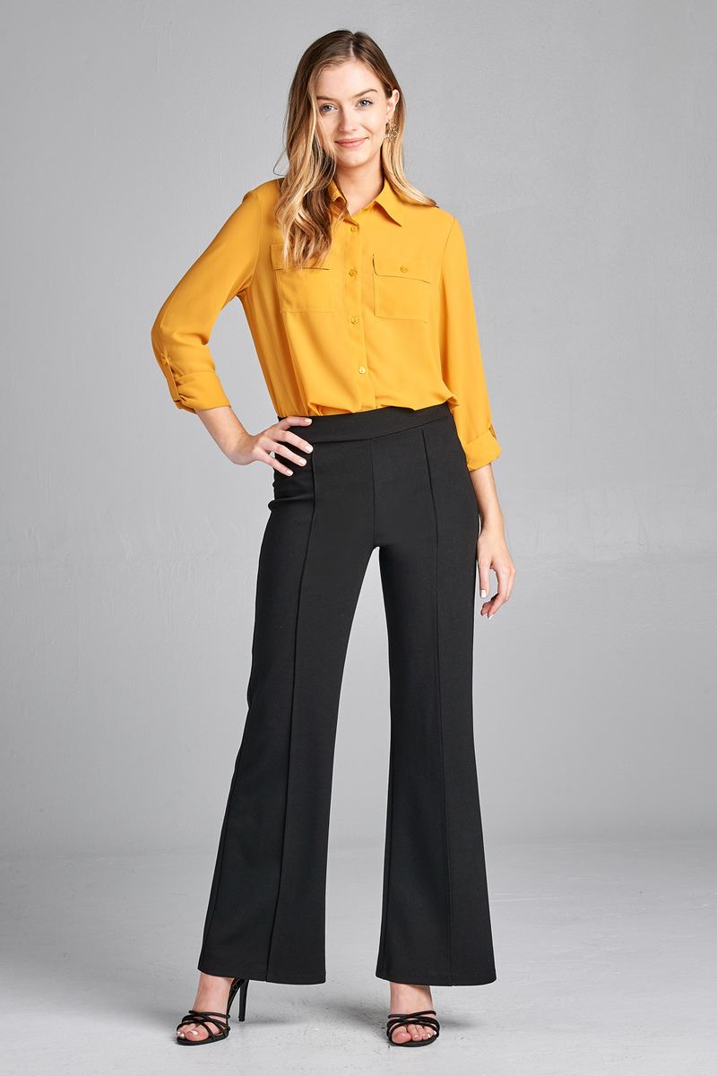 Ladies fashion long sleeve front pocket chiffon blouse w/ back button detail