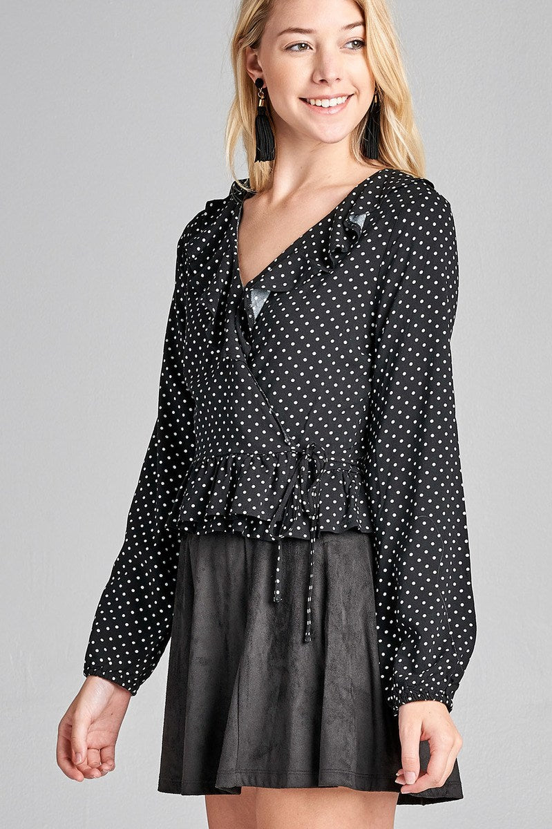 Ladies fashion long sleeve v-neck w/ruffle wrap side ribbon tie dot print woven top