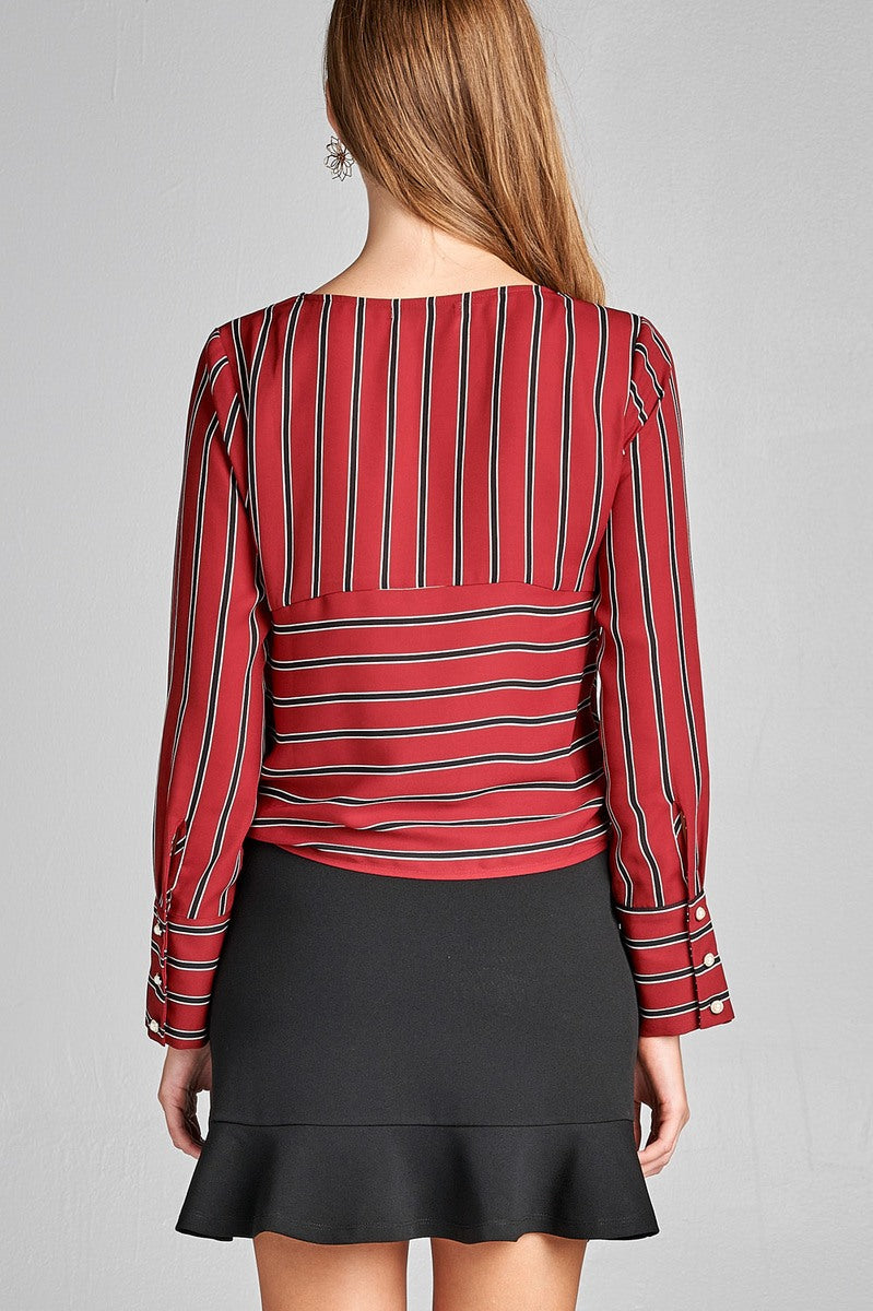 Ladies fashion long sleeve round neck front self tie multi stripe print woven top