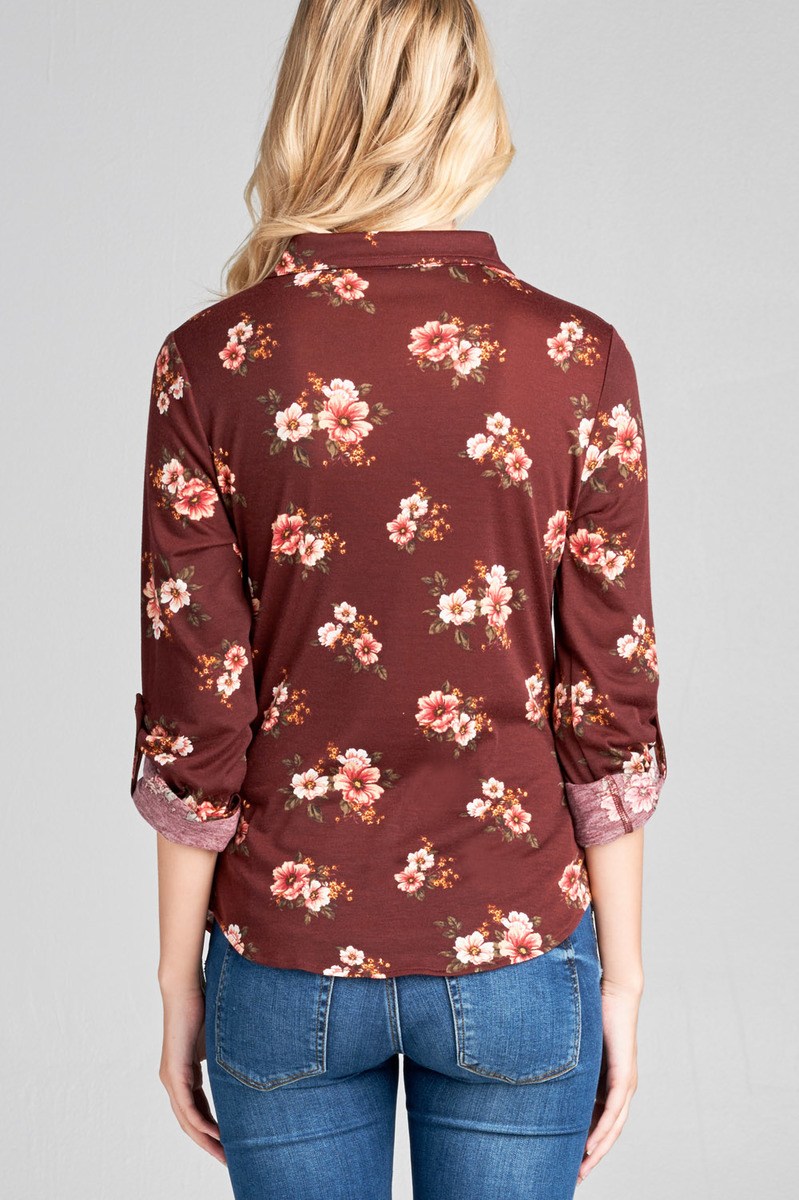 Ladies fashion plus size 3/4 roll up sleeve front pocket detail flower print stretch knit shirts