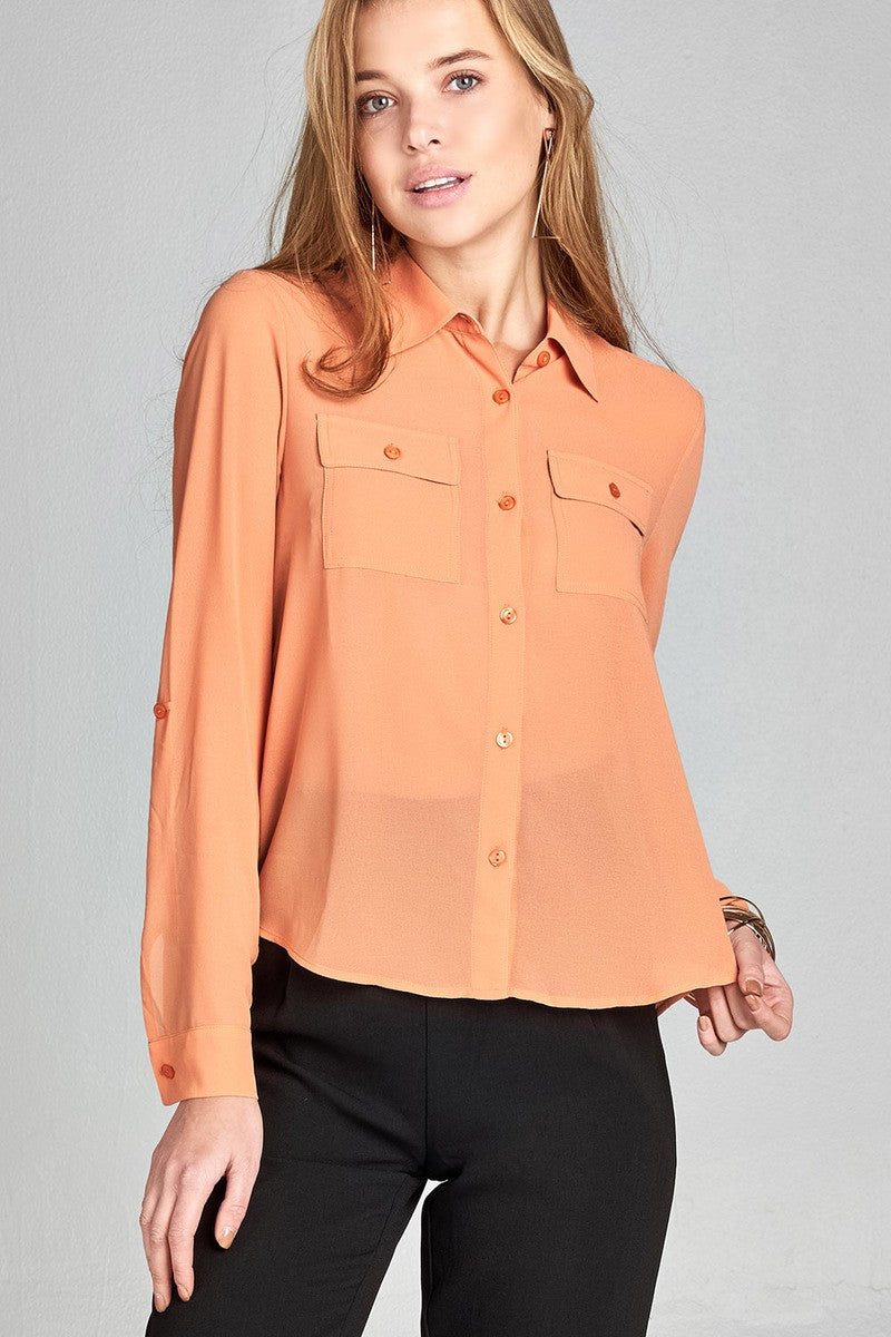 Ladies fashion long sleeve front pocket chiffon blouse w/ back button detail