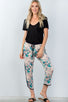 Ladies fashion drawstring blush floral printed contrast trim casual pants