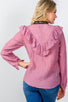 Ladies fashion pink pointelle ruffle contrast crochet trim top