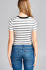 Ladies fashion short sleeve round contrast neck with knotted front crop multi stripe rayon spandex top