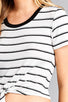 Ladies fashion short sleeve round contrast neck with knotted front crop multi stripe rayon spandex top