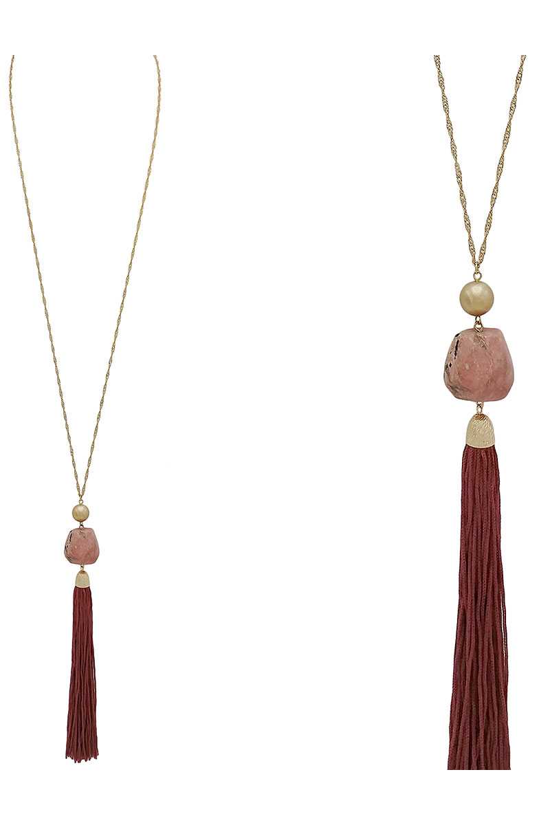 Natural stone leather tassel pendant necklace