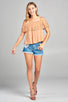 Ladies fashion off the shoulder w/lace ruffle crinkle gauze woven top