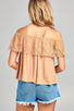 Ladies fashion off the shoulder w/lace ruffle crinkle gauze woven top