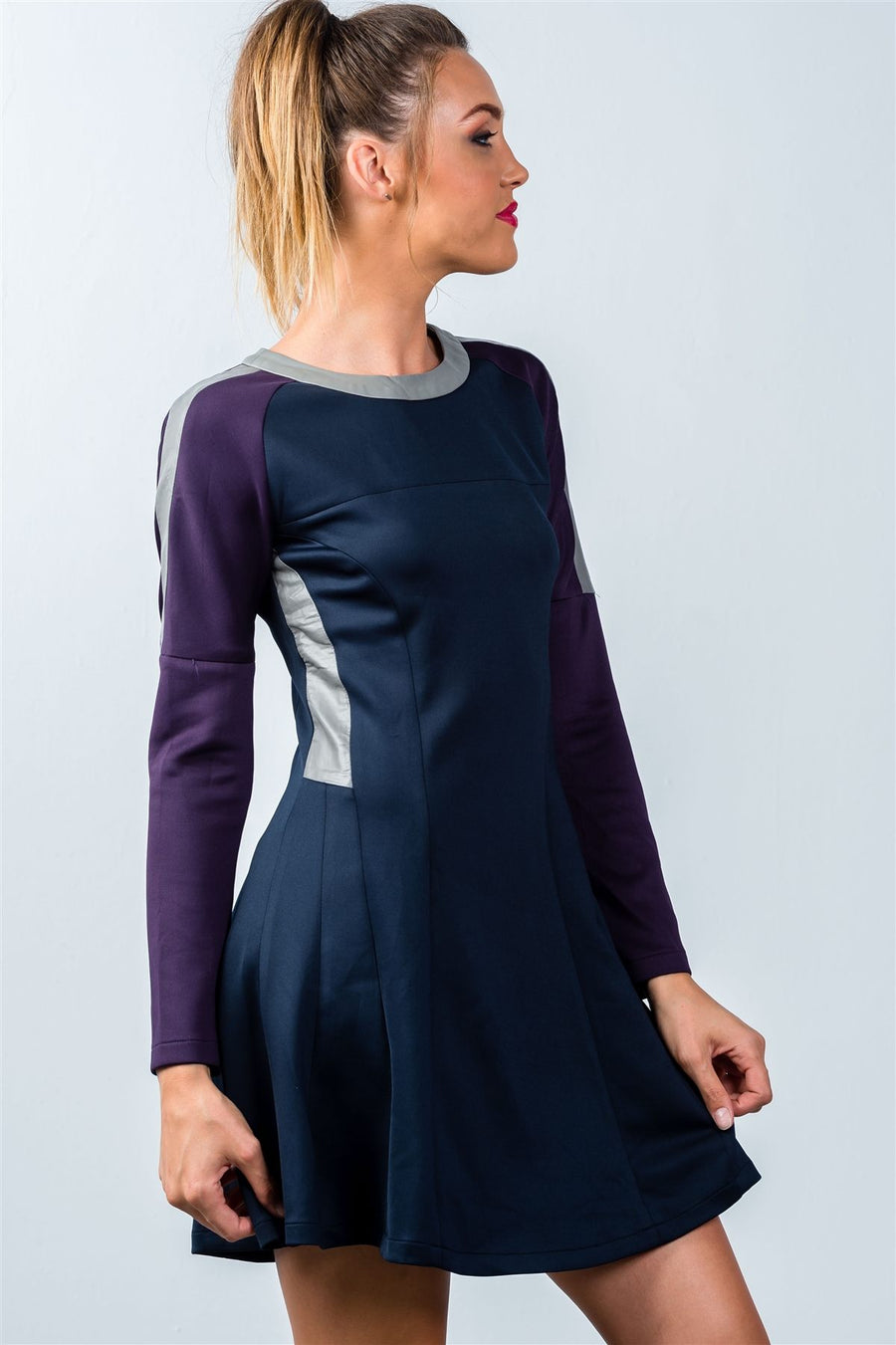 Ladies fashion  navy and purple color-block swing dress