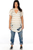 Ladies fashion plus size round neckline striped and destroyed cutout tee