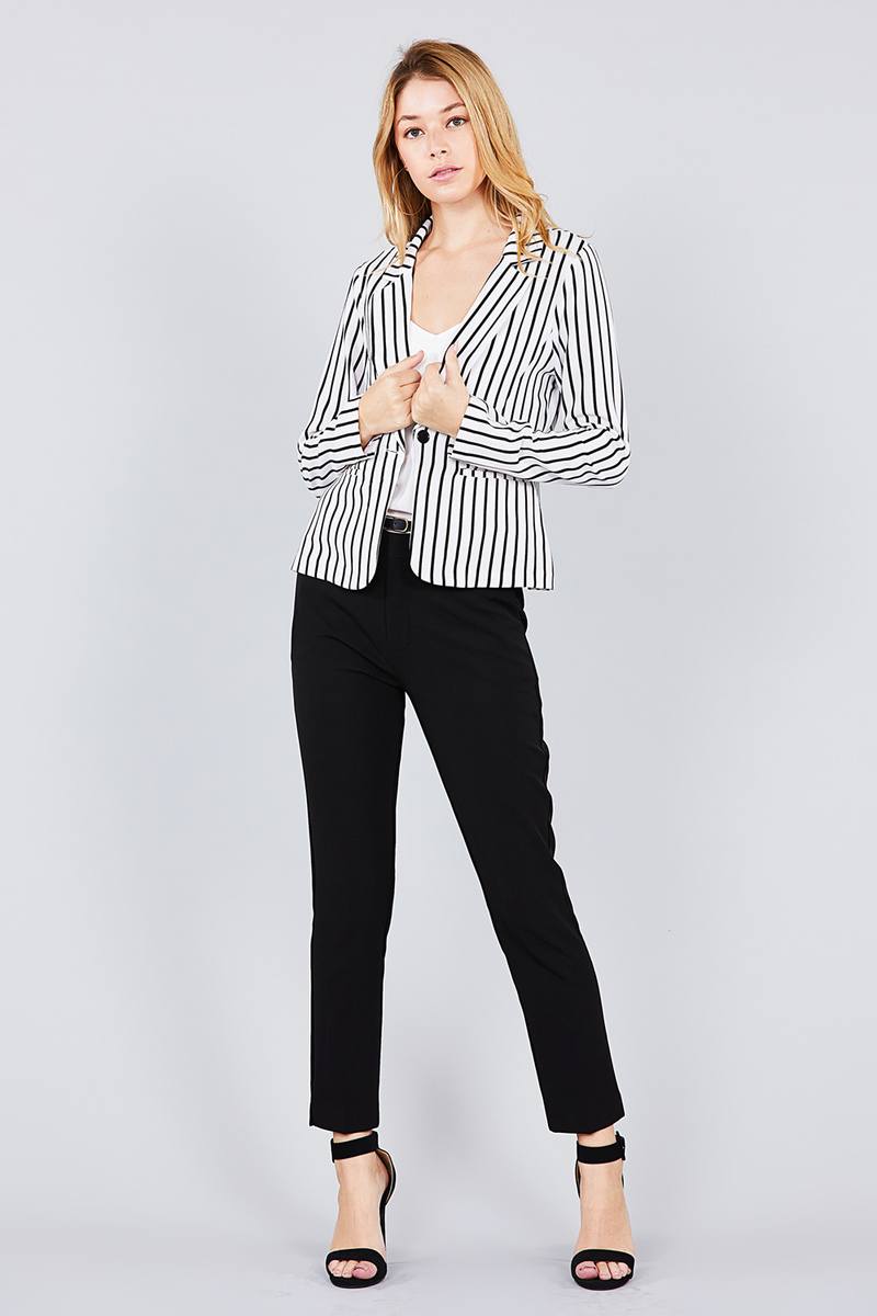 Long sleeve notched collar princess seam w/back slit striped jacket