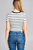 Ladies fashion short sleeve round contrast neck with knotted front crop multi stripe rayon spandex top