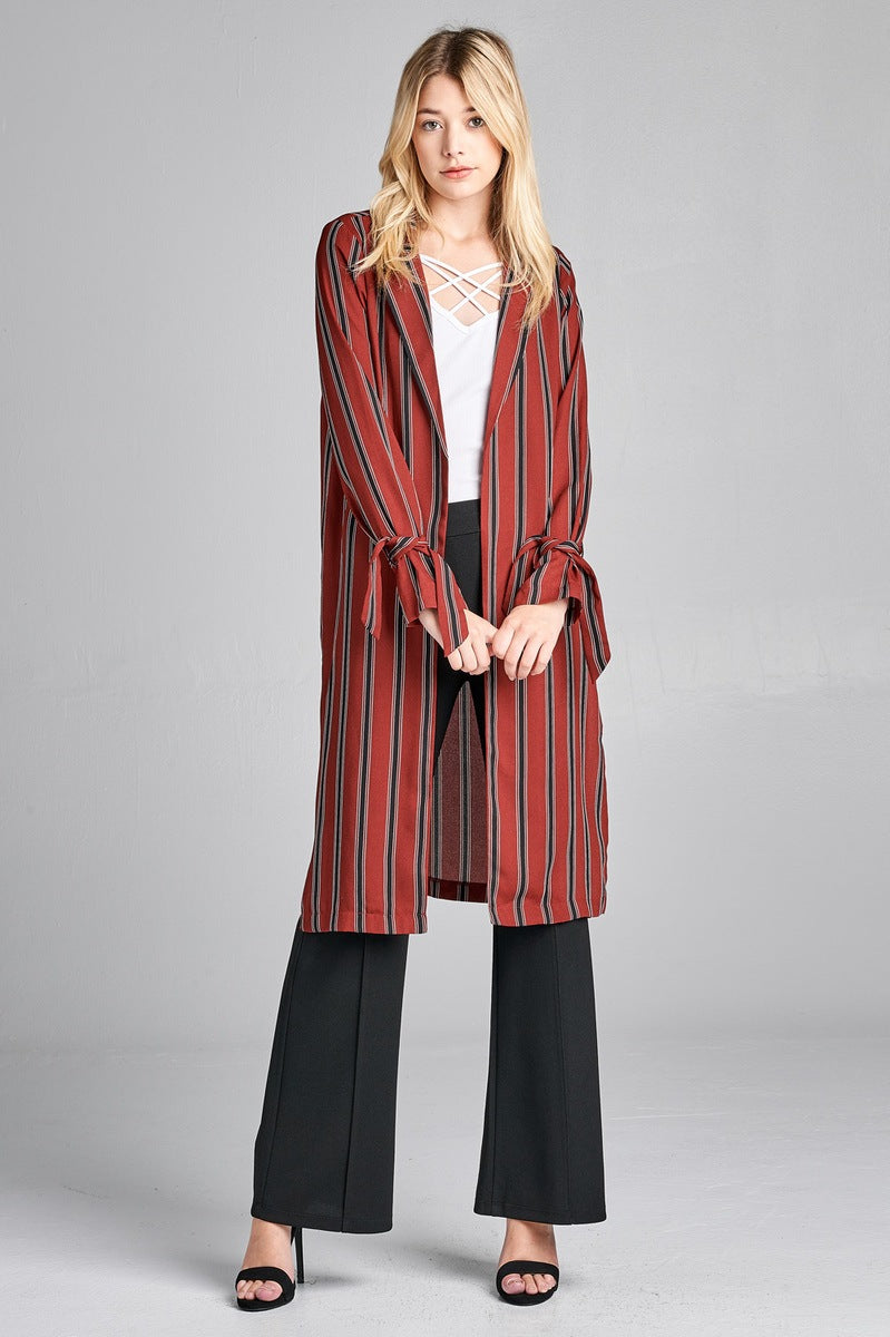 Ladies fashion long sleeve notched collar side slit multi stripe long jacket