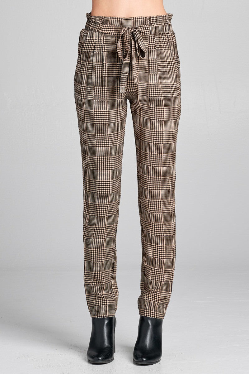 Ladies fashion plus size self ribbon detail long leg checked print woven pants