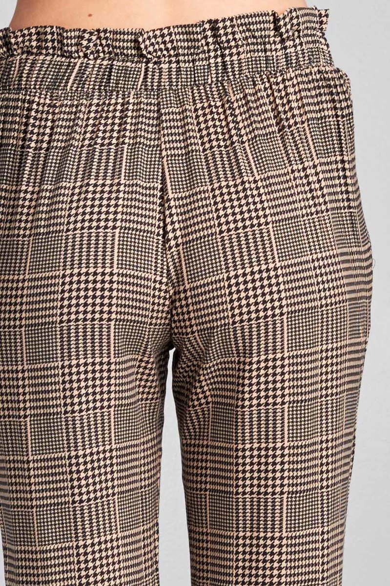 Ladies fashion plus size self ribbon detail long leg checked print woven pants