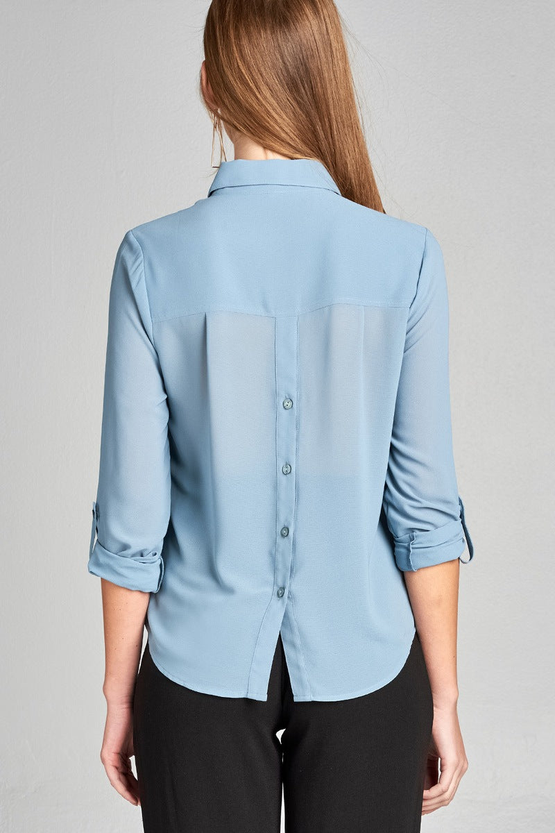 Ladies fashion long sleeve front pocket chiffon blouse w/ back button detail