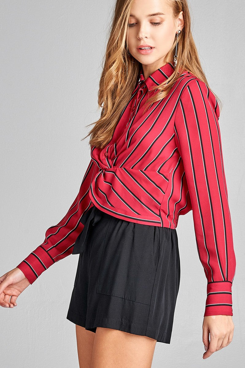 Ladies fashion long sleeve front button w/twisted detail stripe print woven shirt