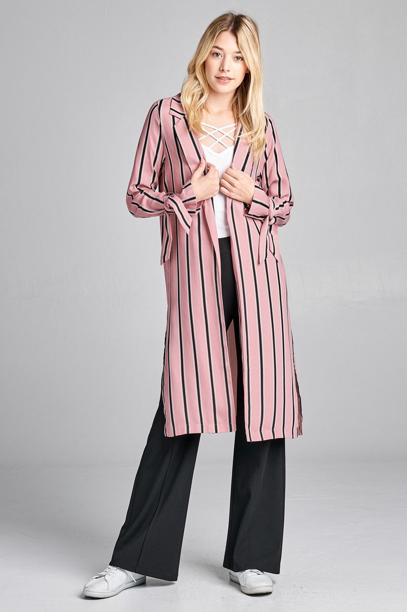 Ladies fashion long sleeve notched collar side slit multi stripe long jacket