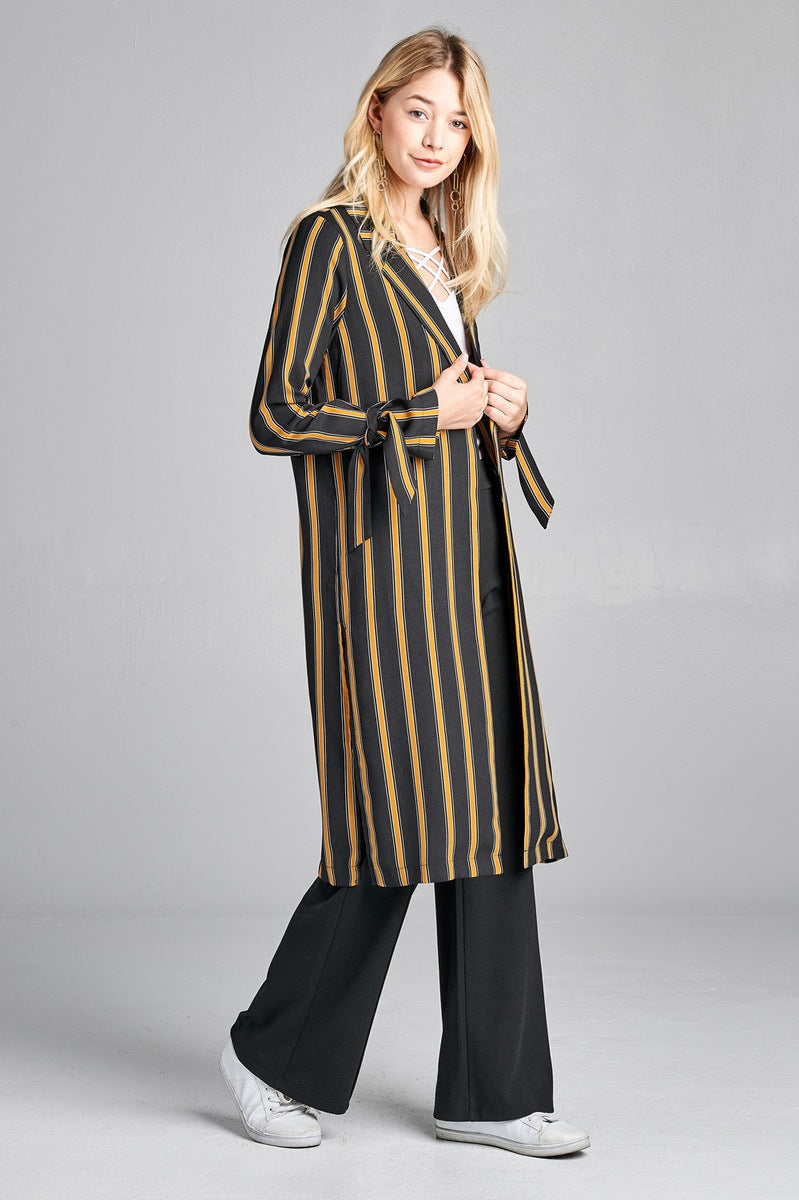 Ladies fashion long sleeve notched collar side slit multi stripe long jacket