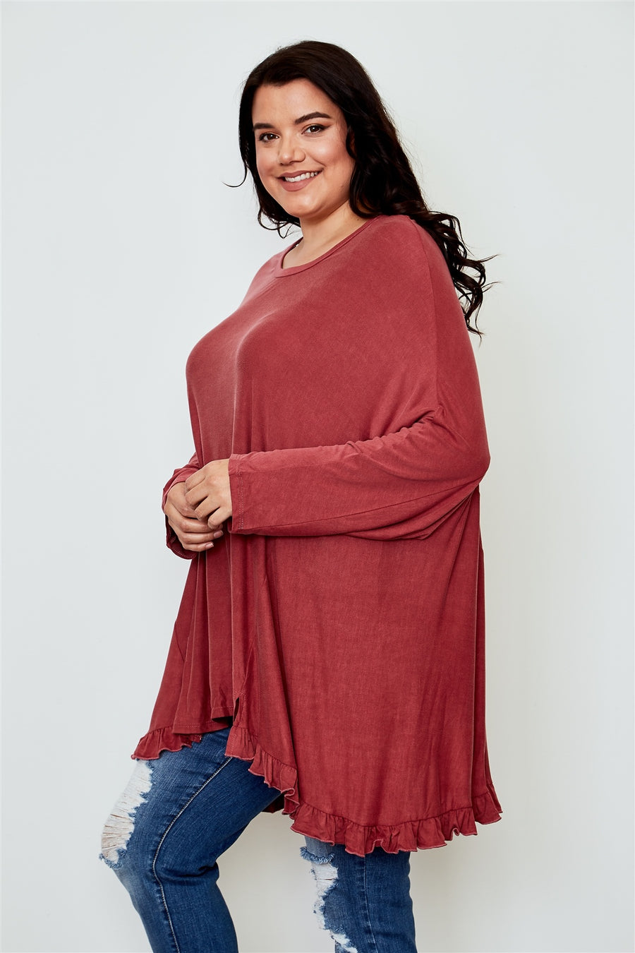 Ladies fashion plus size frill hem loose tunic top