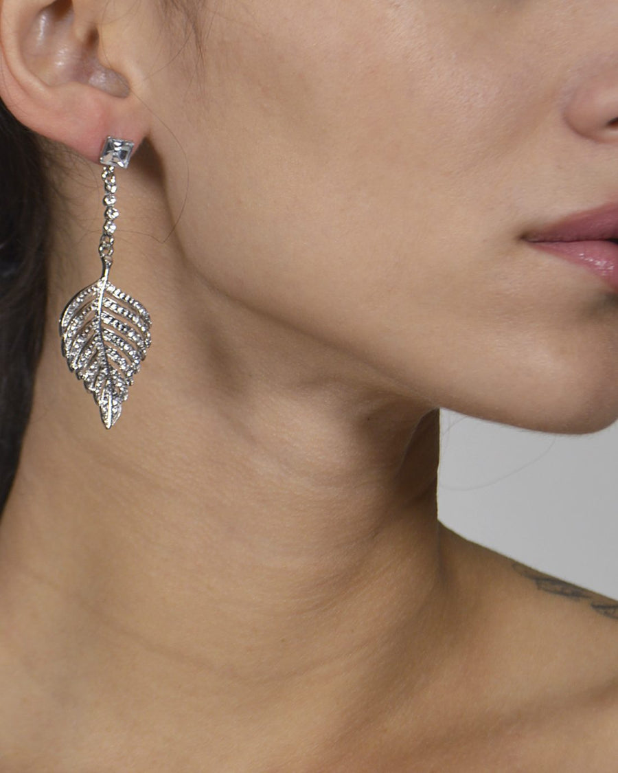 Crystal and Stone Studded Metallic Leaf Accent Drop Earrings