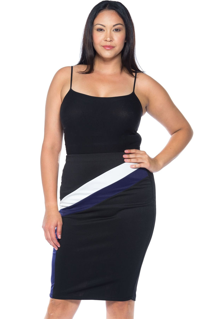 Ladies fashion plus size black blue white color block pencil midi skirt