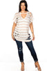 Ladies fashion plus size round neckline striped and destroyed cutout tee