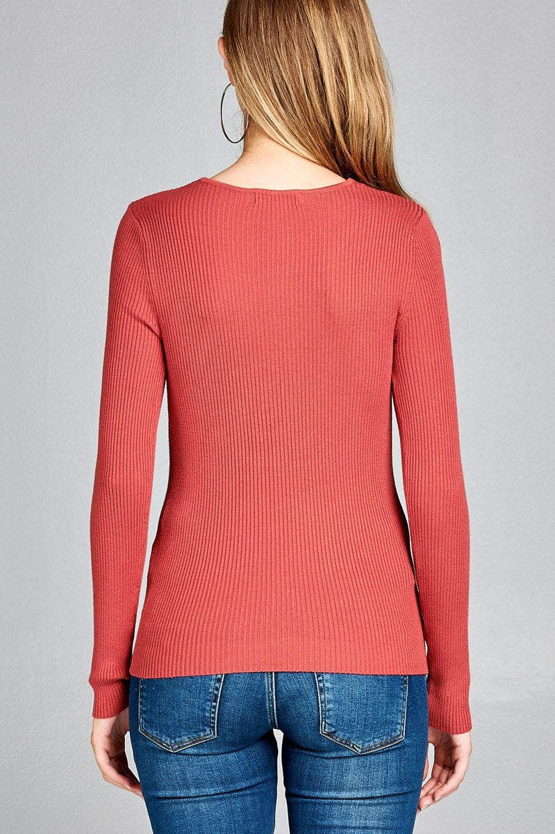 Ladies fashion long sleeve v-neck fitted rib sweater top