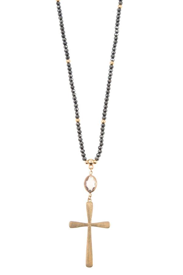 Elongated glass bead cross pendant necklace