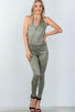 Ladies fashion low back halter lapel drape front jumpsuit